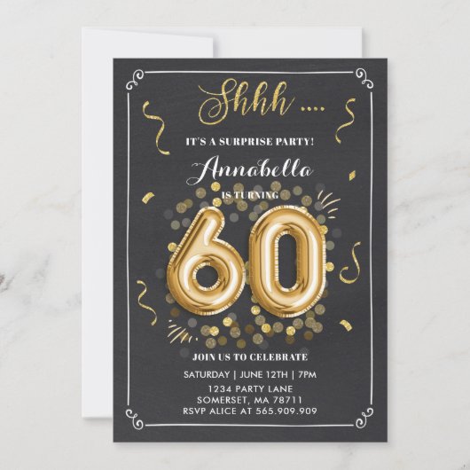 Surprise 60th Birthday Invitation Gold Chalkboard Kaart (Voorkant)