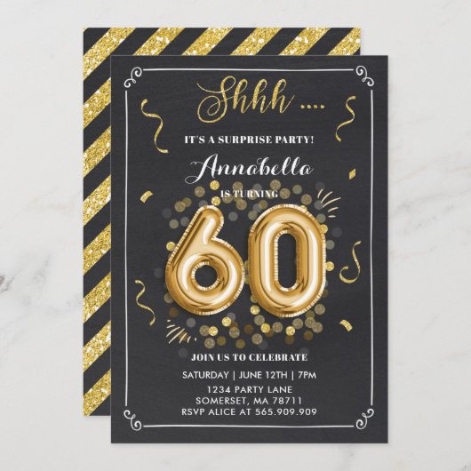 Surprise 60th Birthday Invitation Gold Chalkboard Kaart (Voorkant / Achterkant)