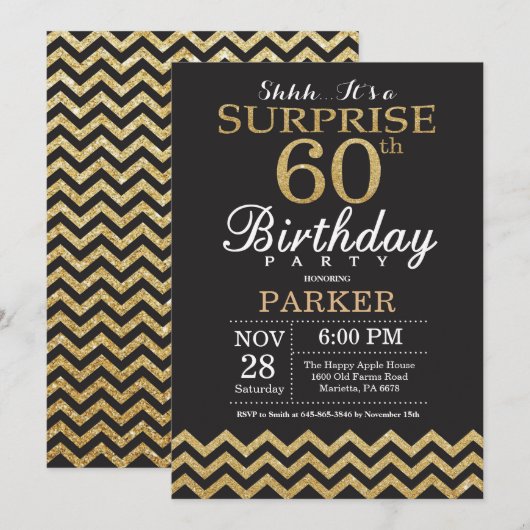 Surprise 60th Birthday Invitation Gold Glitter Kaart (Voorkant / Achterkant)