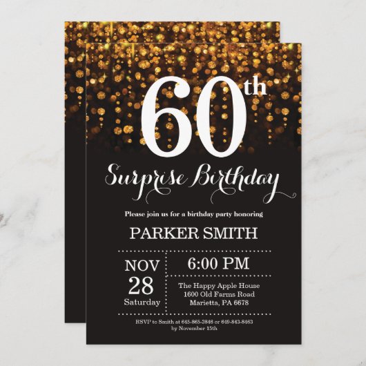 Surprise 60th Birthday Invitation Gold Glitter Kaart (Voorkant / Achterkant)