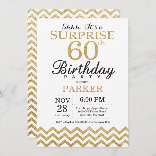 Surprise 60th Birthday Invitation Gold Glitter Kaart (Voorkant / Achterkant)