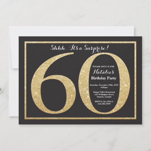Surprise 60th Birthday Invitation Gold Glitter Kaart (Voorkant)