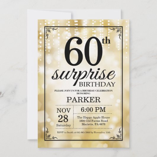 Surprise 60th Birthday Invitation Gold Glitter Kaart (Voorkant)