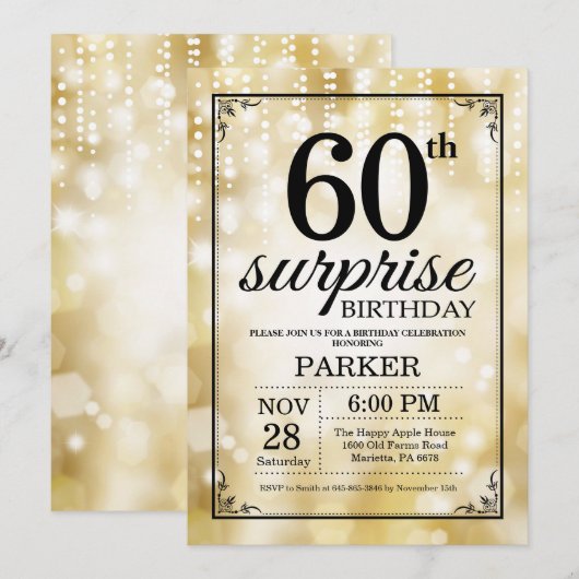 Surprise 60th Birthday Invitation Gold Glitter Kaart (Voorkant / Achterkant)