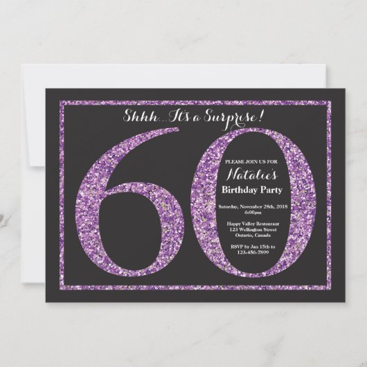 Surprise 60th Birthday Invitation Paars Glitter Kaart (Voorkant)