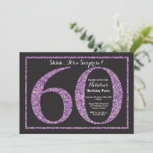 Surprise 60th Birthday Invitation Paars Glitter Kaart (Staand voorkant)