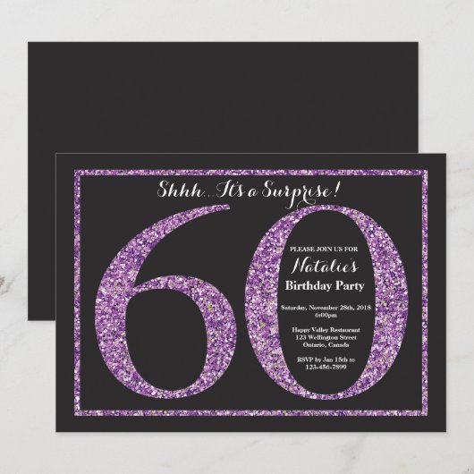 Surprise 60th Birthday Invitation Paars Glitter Kaart (Voorkant / Achterkant)