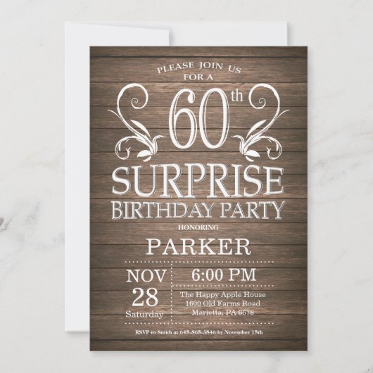Surprise 60th Birthday Invitation Rustic Wood Kaart (Voorkant)