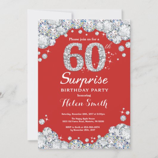 Surprise 60th Birthday Invitation Silver Diamond Kaart (Voorkant)