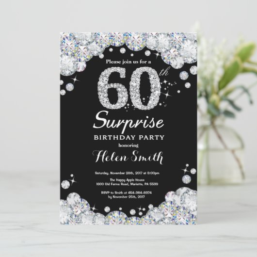 Surprise 60th Birthday Invitation Silver Diamond Kaart (Staand voorkant)
