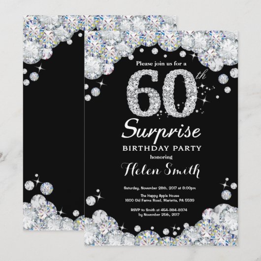 Surprise 60th Birthday Invitation Silver Diamond Kaart (Voorkant / Achterkant)