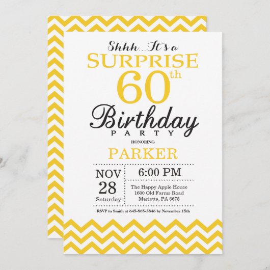 Surprise 60th Birthday Invitation Yellow Chevron Kaart (Voorkant / Achterkant)