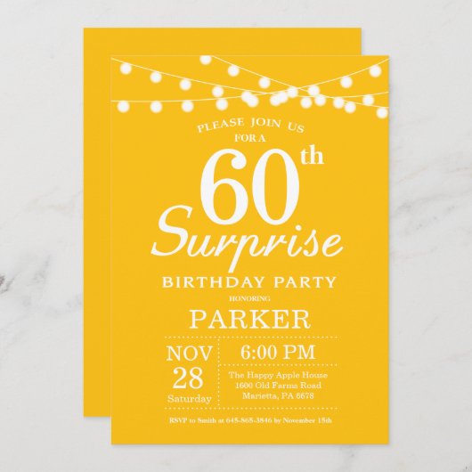 Surprise 60th Birthday Invitation Yellow Kaart (Voorkant / Achterkant)