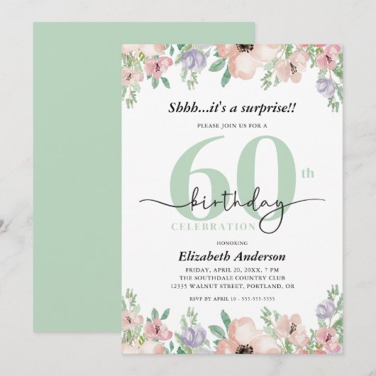 Surprise 60th Birthday Party Elegant Pastel Floral Kaart (Voorkant / Achterkant)