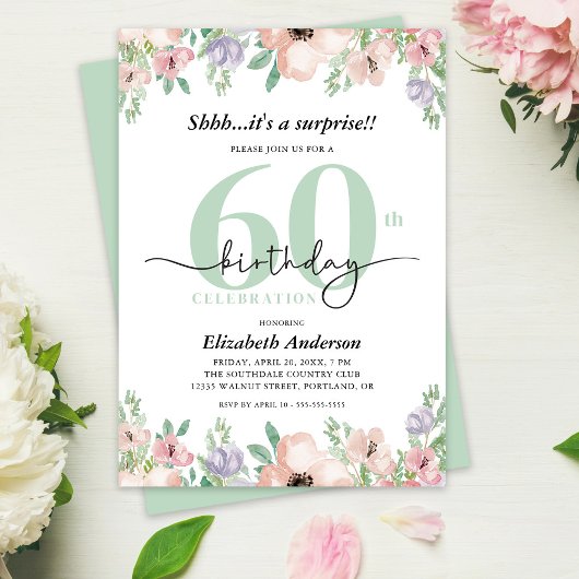 Surprise 60th Birthday Party Elegant Pastel Floral Kaart