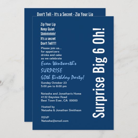 SURPRISE 60th Birthday Party Modern Blue and White Kaart (Voorkant / Achterkant)
