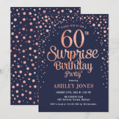 Surprise 60th Birthday Party - Navy & Roos Gold Kaart (Voorkant / Achterkant)