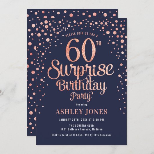 Surprise 60th Birthday Party - Navy & Roos Gold Kaart (Voorkant / Achterkant)