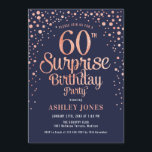 Surprise 60th Birthday Party - Navy & Roos Gold Kaart<br><div class="desc">Verrassing 60e verjaardag feestuitnodiging. Elegant design in navy en faux glitter roos goud. Beschikt over stijlvol scriptlettertype en confetti. Stuur me een bericht als je aangepaste leeftijd nodig hebt.</div>