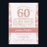 Surprise 60th Birthday Party - Roos Gold Wit Kaart<br><div class="desc">Surprise 60th Birthday Party Invitation in wit en roos goud. Elegante uitnodigingskaart met faux glitter roos en diamanten. Klassiek ontwerp perfect voor een stijlvol feest. Stuur me een bericht als je een aangepaste leeftijd nodig hebt.</div>