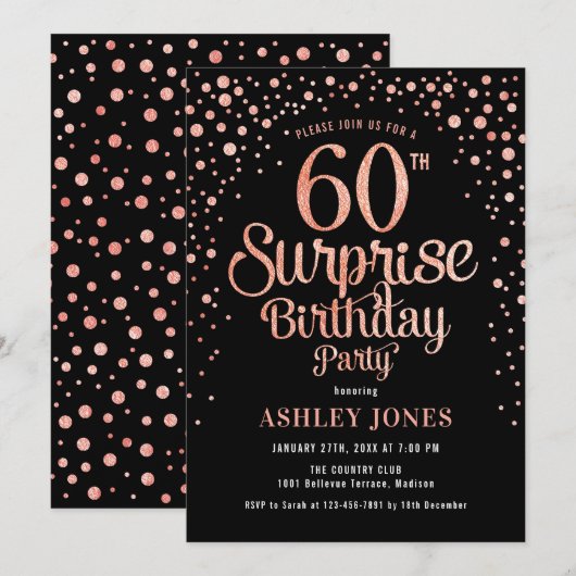 Surprise 60th Birthday Party - Zwart & Roos Goud Kaart (Voorkant / Achterkant)
