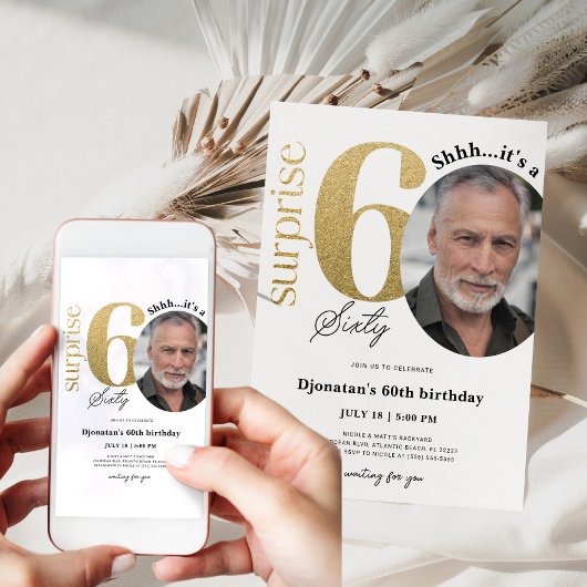 Surprise 60th Gold Birthday Invitation met foto Kaart