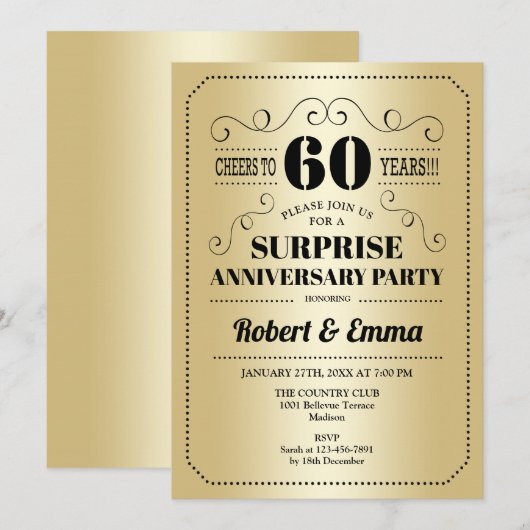 Surprise 60th Jubileum Party - Gouden Zwart Kaart (Voorkant / Achterkant)