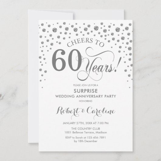 Surprise 60th Jubileum Party - Zilverwit Kaart (Voorkant)
