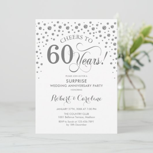 Surprise 60th Jubileum Party - Zilverwit Kaart (Staand voorkant)