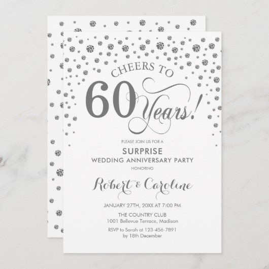 Surprise 60th Jubileum Party - Zilverwit Kaart (Voorkant / Achterkant)