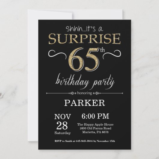 Surprise 65th Birthday Invitation Black and Gold Kaart (Voorkant)
