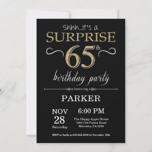 Surprise 65th Birthday Invitation Black and Gold Kaart