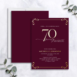 Surprise 70 & Fabulous Burgundy & Gold Birthday Folie Uitnodiging
