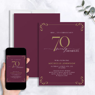 Surprise 70 & Fabulous Burgundy & Gold Birthday Kaart