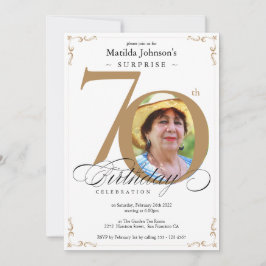 Surprise 70th Birthday Elegant Gold White Photo Kaart