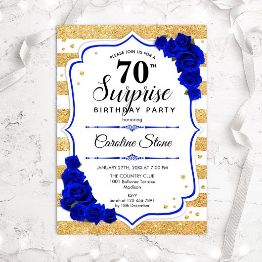 Surprise 70th Birthday - Gold White Royal Blue Kaart