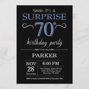 Surprise 70th Birthday Invitation Black and Blue Kaart