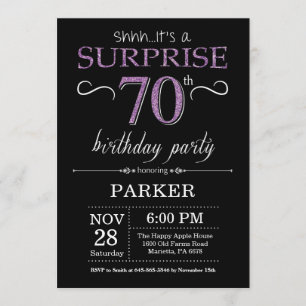 Surprise 70th Birthday Invitation Black and Paars Kaart