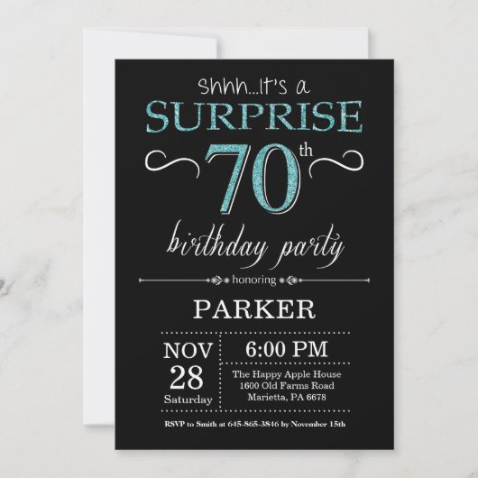 Surprise 70th Birthday Invitation Black en Blauwgr Kaart (Voorkant)
