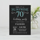Surprise 70th Birthday Invitation Black en Blauwgr Kaart (Staand voorkant)