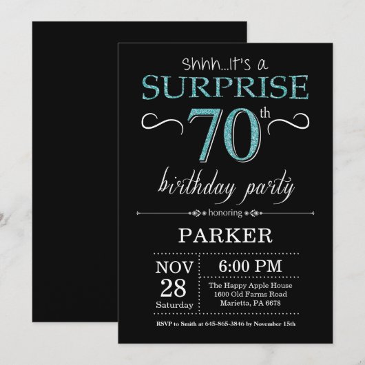 Surprise 70th Birthday Invitation Black en Blauwgr Kaart (Voorkant / Achterkant)