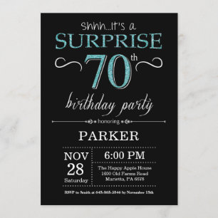Surprise 70th Birthday Invitation Black en Blauwgr Kaart
