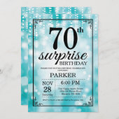 Surprise 70th Birthday Invitation Blauwgroen Glitt Kaart (Voorkant / Achterkant)