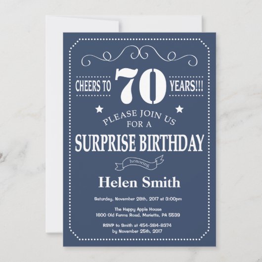 Surprise 70th Birthday Invitation Blue and White Kaart (Voorkant)