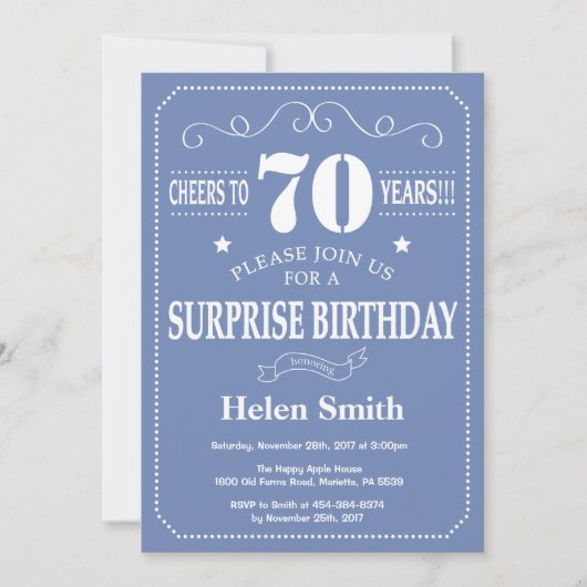 Surprise 70th Birthday Invitation Blue and White Kaart (Voorkant)