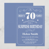 Surprise 70th Birthday Invitation Blue and White Kaart (Voorkant / Achterkant)