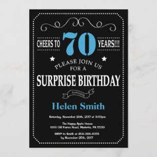Surprise 70th Birthday Invitation Blue en Black Kaart