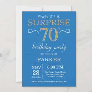 Surprise 70th Birthday Invitation Blue en Gold Kaart