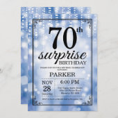 Surprise 70th Birthday Invitation Blue Glitter Kaart (Voorkant / Achterkant)
