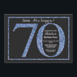 Surprise 70th Birthday Invitation Blue Glitter Kaart<br><div class="desc">Verrassend 70e uitnodiging op de verjaardag. Zwarte en blauwe glitter Birthday Party nodigt uit met de achtergrond van het karton. Verrassende verjaardag. Volwassen verjaardag. Mannen of Vrouwen Bday Bash Party. Voor verdere aanpassing, te klikken gelieve de knoop "van de Aanpassing het"en ons ontwerphulpmiddel te gebruiken om deze sjabloon te wijzigen....</div>